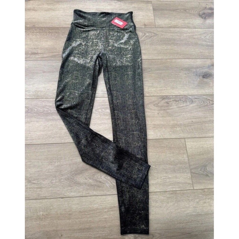 Spanx Velvet Shine Leggings Black Gold Metallic Shimmer High Waist Womens Small
